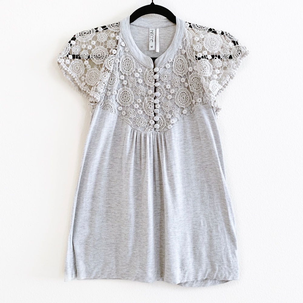 Light Gray Crochet Lace Short Sleeve Top
